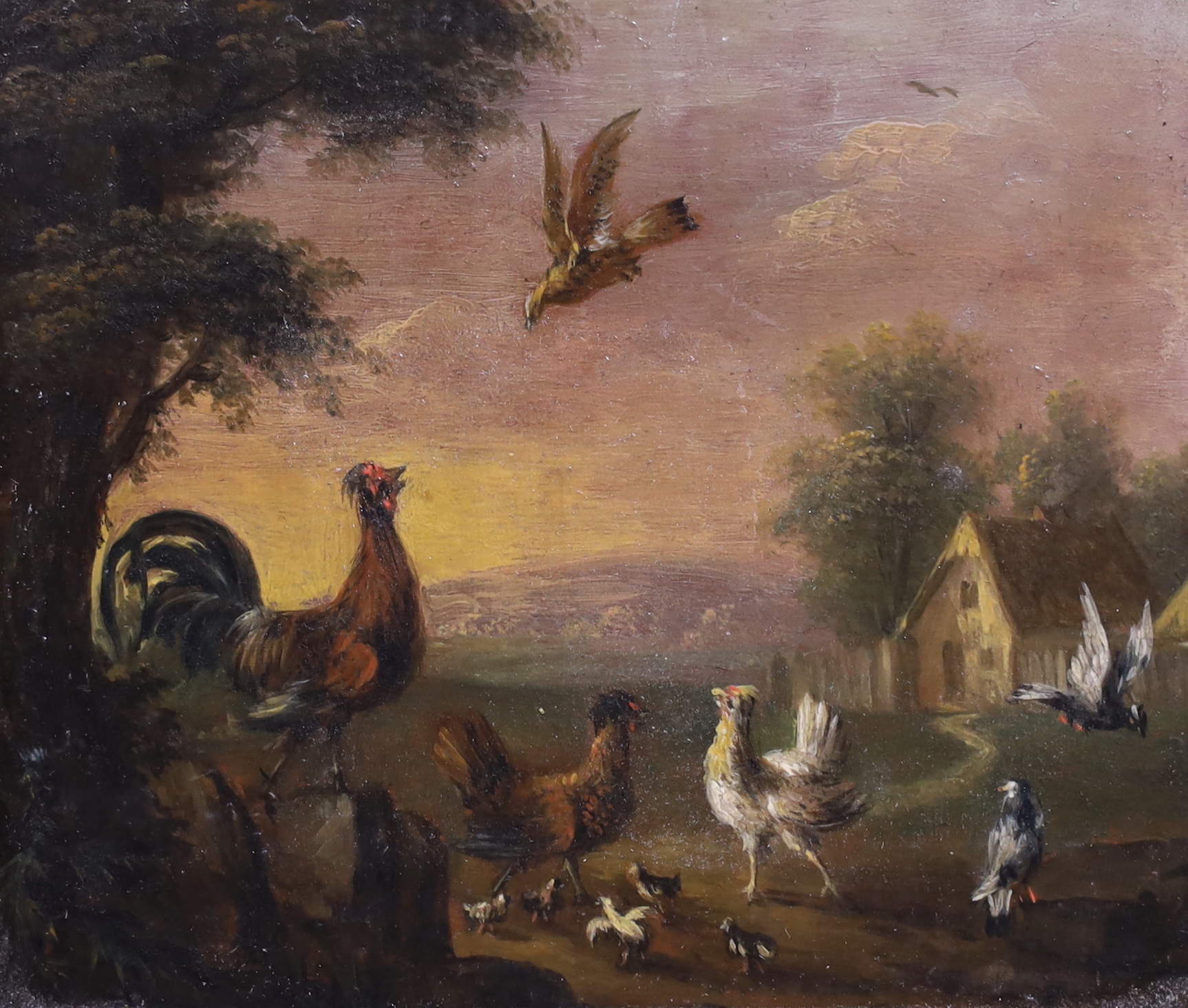 18th / 19th century Flemish School, oil on copper panel, Chicken and birds in a landscape, inscribed Cider House Galleries label verso, 7.5 x 9cm, ornate gilt frame